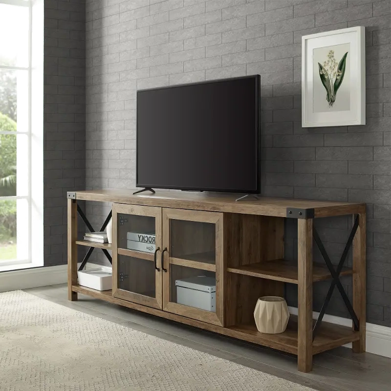 Farmhouse Tv Stands For 70 Inch Tv Intended For Most Popular Metal X Reclaimed Barnwood 70 Inch Farmhouse Tv Stand – Walker Edison (View 4 of 10)