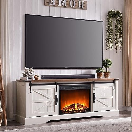 Farmhouse Tv Stands For 70 Inch Tv Regarding 2018 Amazon: Okd Fireplace Tv Stand For 70 75 Inch Tv, 66 Inch Farmhouse  Entertainment Center With 23" Electric Fireplace, Remote Control, Large  Rustic Media Console Cabinet With Sliding Barn Door, Antique White : (Photo 7 of 10)