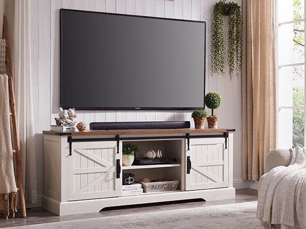 Farmhouse Tv Stands Inside Well Liked Amazon: Okd Farmhouse Tv Stand For 75 Inch Tv With Sliding Barn Door,  Rustic Wood Entertainment Center Large Media Console Cabinet Long Television  Stands For 70 Inch Tvs, Antique White : Home (View 2 of 10)
