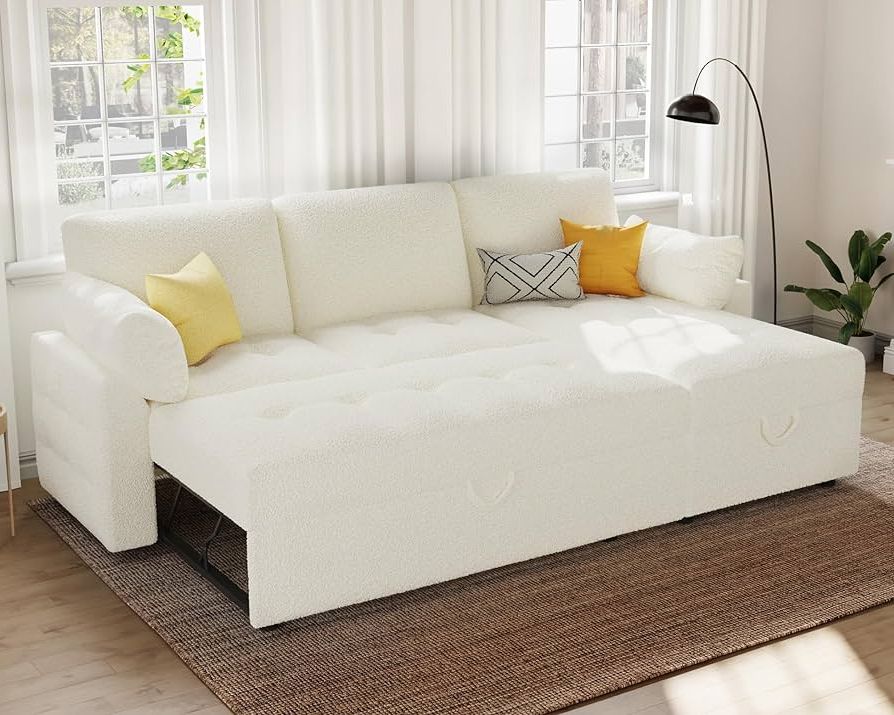 Fashionable Tufted Convertible Sleeper Sofas Pertaining To Amazon: Vanacc Pull Out Sofa Bed, Modern Tufted Convertible Sleeper Sofa,  Boucle Sleeper Sectional Couch Bed With Storage Chaise, L Shaped Sofa Couch  For Living Room (white) : Home & Kitchen (View 4 of 10)