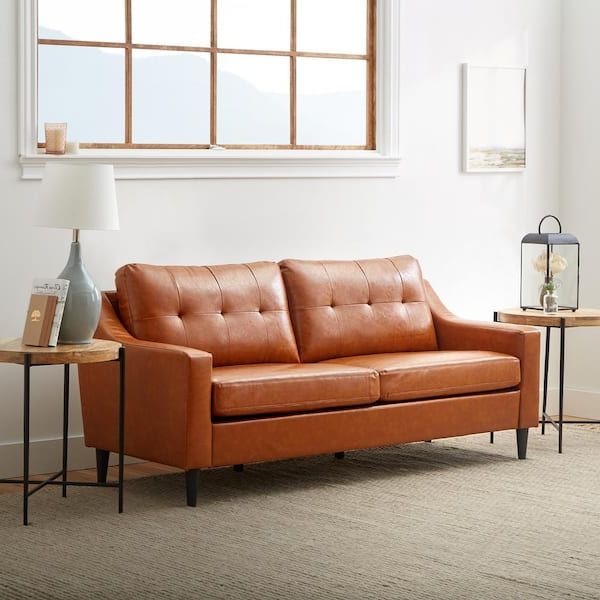 Faux Leather Sofas Intended For Latest Brookside Ellen 76 In. Slope Arm Faux Leather Rectangle Tufted Sofa In Rust  Brown Bs0008sof00fc – The Home Depot (Photo 7 of 10)