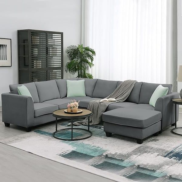 Favorite Amazon: Merax Modern Large U Shape Sectional Sofa, 7 Seat Fabric Sectional  Sofa Set With Movable Ottoman, L Shape Sectional Sofa Corner Couch With 3  Pillows For Living Room Apartment, Office : Home In Modern U Shape Sectional Sofas In Gray (View 6 of 10)