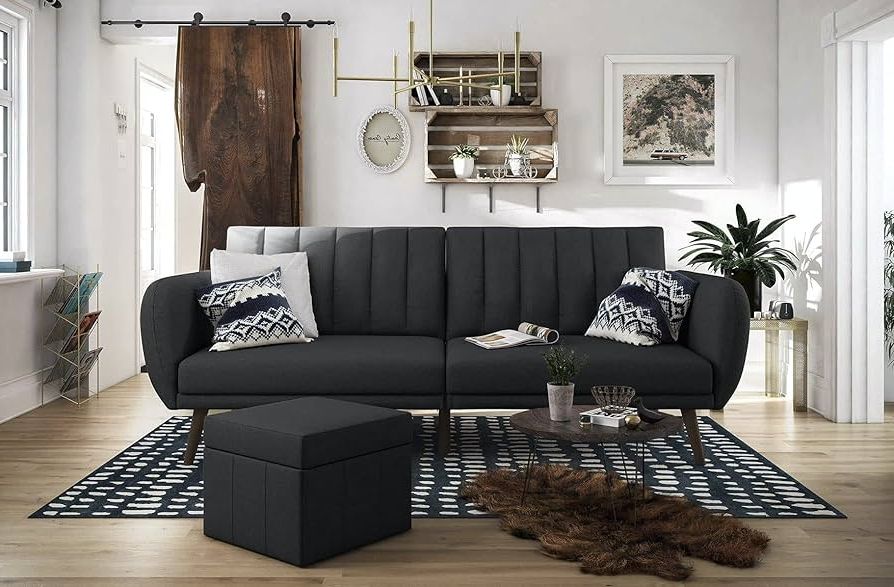 Favorite Amazon: Novogratz Brittany Sofa Futon – Premium Upholstery And Wooden  Legs – Dark Gray Inside Navy Linen Coil Sofas (Photo 5 of 10)