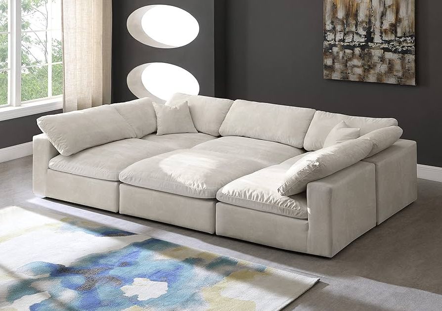 Favorite Cream Velvet Modular Sectionals With Regard To Amazon: Meridian Furniture Cozy Collection Contemporary Fiber Filled  Comfort Overstuffed Velvet Upholstered Modular Sectional, Seating For 5 + 1  Ottoman, Cream : Home & Kitchen (Photo 1 of 10)