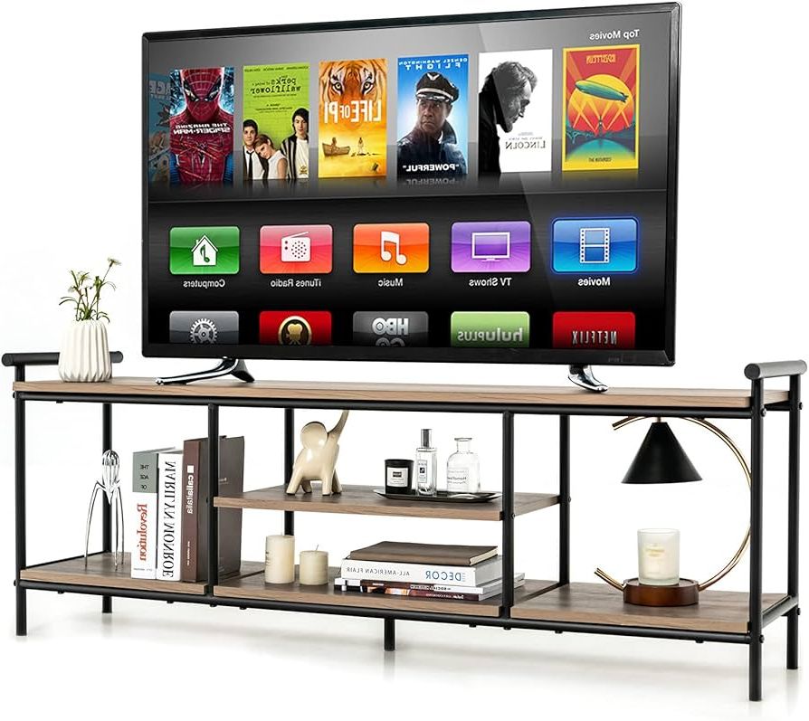 Favorite Tier Stands For Tvs Intended For Amazon: Tangkula Tv Stand For Tvs Up To 60 In, 3 Tier Media Console  Table With Storage Shelves, Farmhouse Wooden Tv Cabinet, Multipurpose  Entertainment Center For Living Room Bedroom Reception Room (natural) : (Photo 6 of 10)