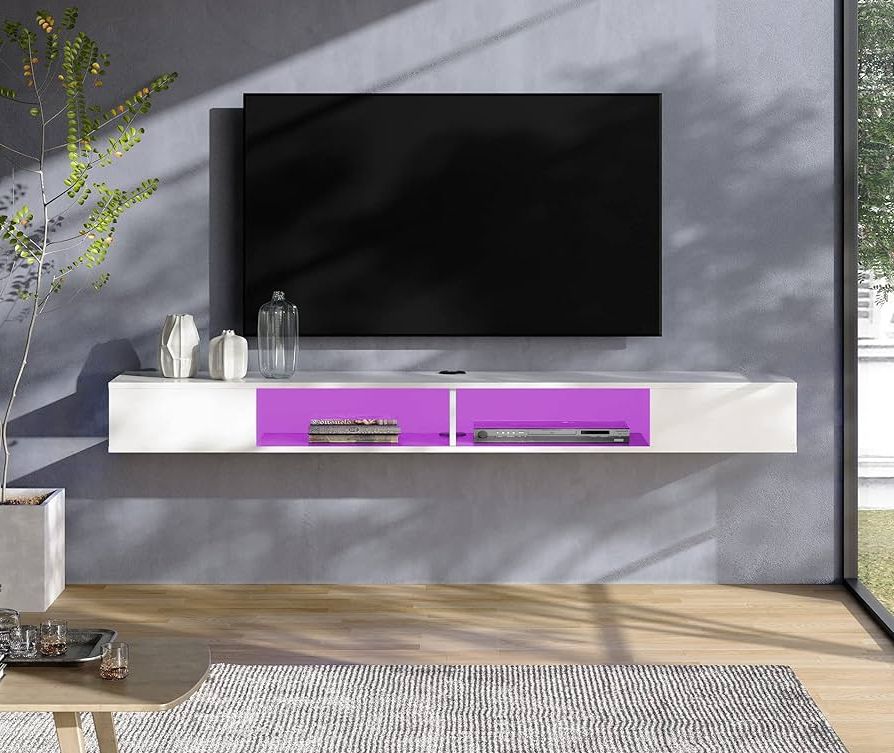 Floating Stands For Tvs Pertaining To Latest Amazon: Wampat 70 Inch Floating Tv Stand With Rgb Lights, Entertainment  Center Media Console, Wall Mounted Tv Shelf For Storage For 65 70 75 Inch  Tvs, White : Electronics (Photo 8 of 10)