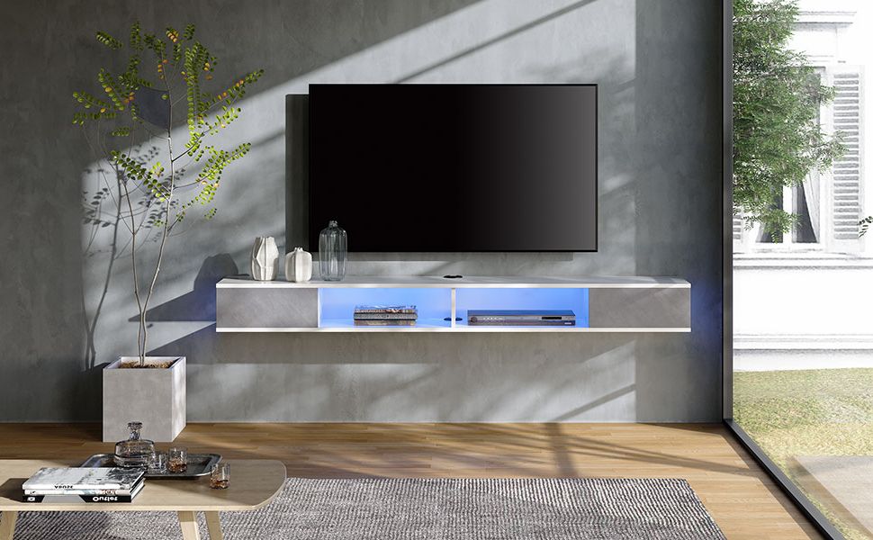 Floating Stands For Tvs With Regard To Most Up To Date Amazon: Wampat Floating 70 Inch Tv Stand With Blue Led Lights,  Entertainment Center Media Console, Wall Mounted Shelf Media Console  Cabinet With Storage For 65/70/75 Inch Tvs, White&grey : Electronics (Photo 5 of 10)