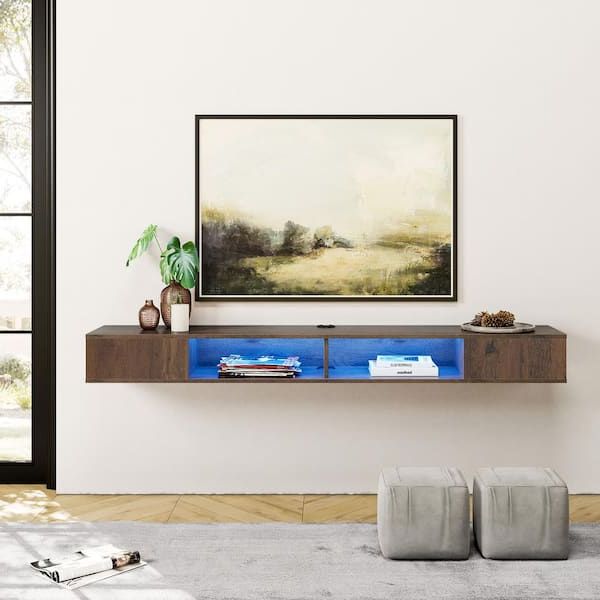 Floating Stands For Tvs With Regard To Most Up To Date Wampat Brown Floating Tv Stand For 75 Inch Tv With Storage Shelf And Led  Light W15u2185q Hd – The Home Depot (Photo 9 of 10)