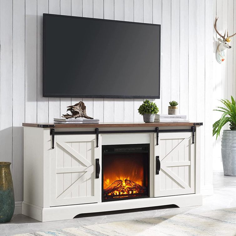 Gracie Oaks Farmhouse Tv Stand For 65 Inch Tv With 18" Electric Fireplace,  Sliding Barn Door, Adjustable Storage & Reviews (Photo 7 of 10)