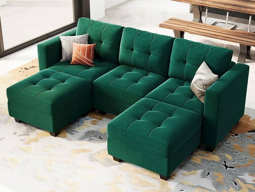 Green Velvet Modular Sectionals Inside Well Known Amazon: Belffin Velvet Modular Convertible Sectional Sofa, U Shape  Couch With Ottomans, 5 Piece Sofa Sectional Set, Sleeper Couch With Double  Reversible Chaises And Storage, Green : Home & Kitchen (Photo 1 of 10)