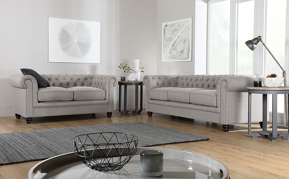 Hampton 3+2 Seater Chesterfield Sofa Set, Light Grey Classic Linen Weave  Fabric Only £ (View 3 of 10)