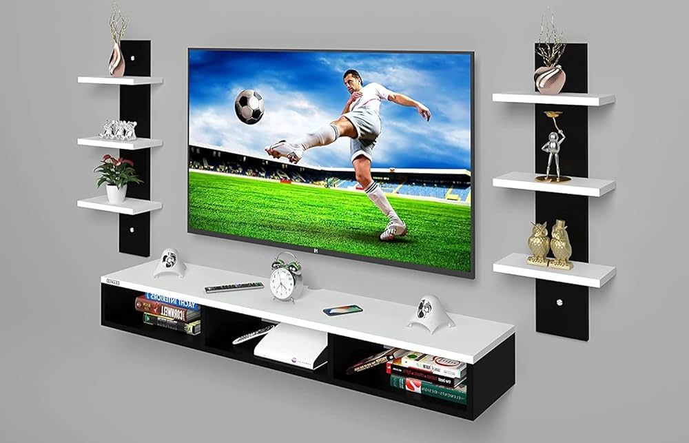 Handycraze Work Wall Mount Tv Entertainment Unit/with Set Top Box Stand And Wall  Shelf,living Room 32 Inch Tv Engineered Wood (32 Inch Tv) (white Black) :  Amazon.in: Home & Kitchen With Regard To Popular Top Shelf Mount Tv Stands (Photo 7 of 10)