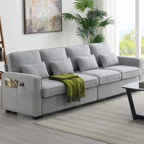 Harper & Bright Designs 104 In. W Square Arm Linen Upholstered Rectangle  Sofa In. Light Gray With Armrest Storage Pockets And 4 Pillows Gtt011aae –  The Home Depot Regarding Popular Gray Linen Sofas (Photo 5 of 10)