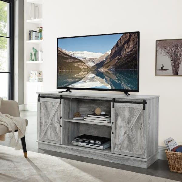 Homestock 58 In. Gray Farmhouse Tv Stand, Rustic Wooden 60 In. Tv Console  Cabinet With Sliding Barn Doors Entertainment Center 77713 – The Home Depot Throughout Widely Used Farmhouse Stands For Tvs (Photo 4 of 10)