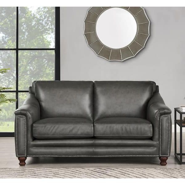 Hydeline Belfast 66.5 In. Grey Solid Top Grain Leather 2 Seater Loveseat  With Removable Cushions 6991 20 5858 – The Home Depot Pertaining To Most Up To Date Top Grain Leather Loveseats (Photo 5 of 10)