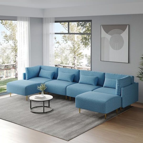 J&e Home 138.58 In. W Square Arm 6 Piece Linen U Shaped Modern Sectional  Sofa In Light Blue Je Sf166b – The Home Depot Inside Most Up To Date Modern Blue Linen Sofas (Photo 5 of 10)