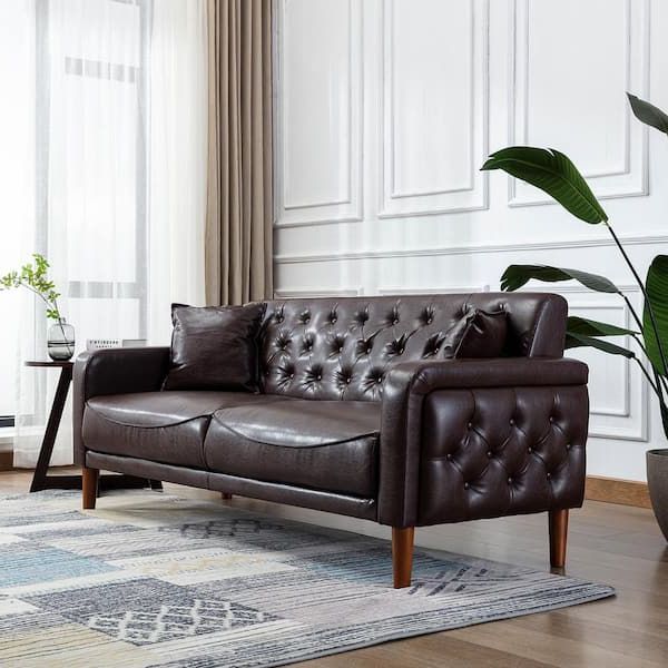 Kinwell 78 In. Wide Square Arm Faux Leather Mid Century Modern Straight  Tufted Sofa With Pillows In Brown Hx2047bn – The Home Depot Within Trendy Faux Leather Sofas In Chocolate Brown (Photo 4 of 10)