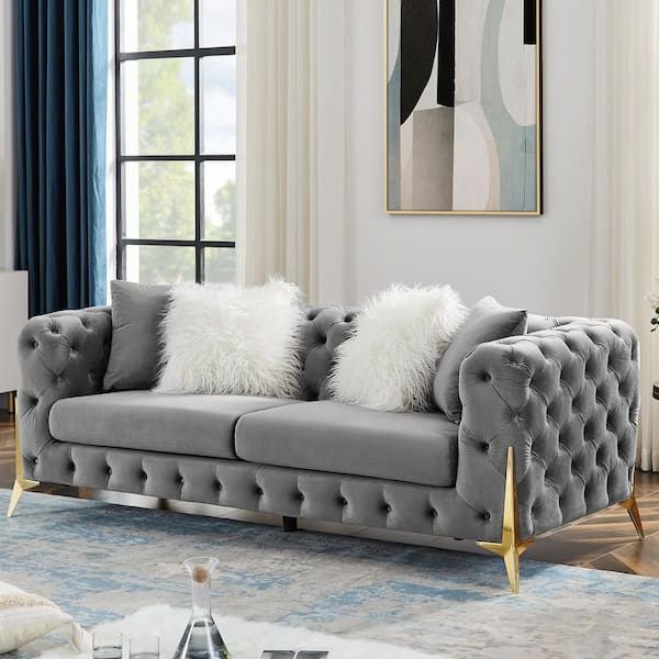 Kinwell 85.4 In. W Modern Square Arm Chesterfield Tufted Upholstered Velvet  Fabric 3 Seater Straight Sofa With Metal Leg In Gray Hx8111 03gy – The Home  Depot Throughout Current Tufted Upholstered Sofas (Photo 3 of 10)