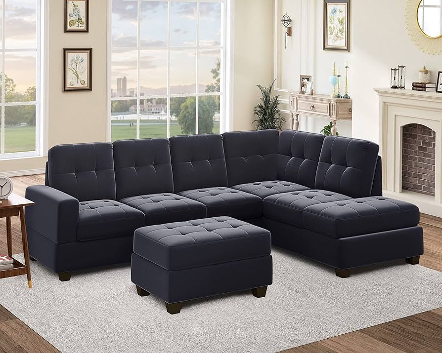 Latest Amazon: Merax 112" Sectional Sofas, 3 Seat Sofa Couch Living Room Sofa  Sets With Reversible Chaise Lounge, Storage Ottoman And 2 Cup Holders For  Living Room Furniture, Black : Home & Kitchen In 104" Sectional Sofas (Photo 8 of 10)