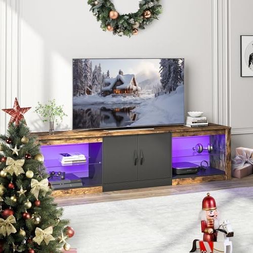 Latest Bestier Tv Stand For Tvs Up To 75" Intended For Amazon: Bestier 70 Inch Led Tv Stand For 75 Inch Tv Large Entertainment  Center Gaming With Adjustable Glass Shelves Two Cabinets Modern Tv Console  For Living Room 22 Rgb Modes, Rustic Brown : (Photo 4 of 10)