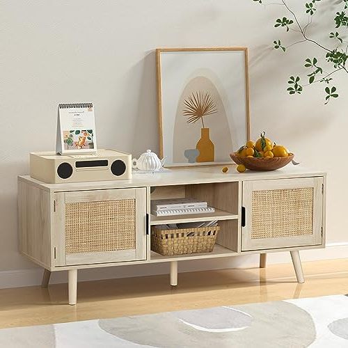 Latest Farmhouse Rattan Tv Stands Regarding Amazon: Anmytek Farmhouse Rattan Tv Stand Modern Wood Media  Entertainment Center Console Table For Tvs Up To 55 Inches With 2 Doors And  2 Open Shelves, Natural Oak, H0015 : Home & Kitchen (Photo 1 of 10)