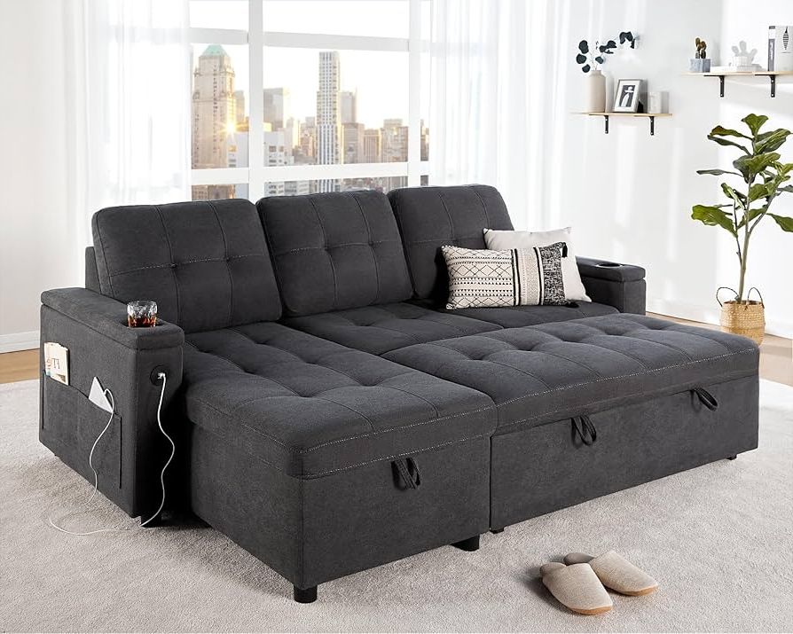 Latest Tufted Convertible Sleeper Sofas With Regard To Amazon: Vanacc Sleeper Sofa, Modern Tufted Convertible Sofa Bed, Usb  Charging Ports & Cup Holders, L Shaped Sofa Couch With Storage Chaise,  Linen Couches For Living Room (dark Grey) : Home & (Photo 1 of 10)