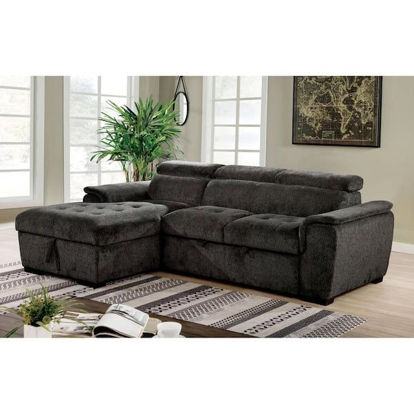 Left Or Right Facing Sleeper Sectionals In Most Current Furniture Of America Kivin 96 In. W 2 Piece Dark Gray Chenille Right Facing  Sectional Sofa With Pull Out Sleeper Idf 6514dg Sec – The Home Depot (Photo 9 of 10)