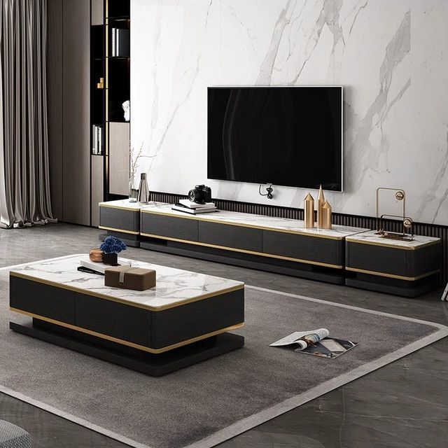 Light Luxury Marble Tv Cabinet Tea Table Combination Living  Room Set Mo… (View 10 of 10)