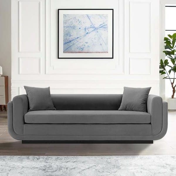 Manhattan Comfort Edmonda 90.94 In. Contemporary Round Arm Velvet  Upholstered Rectangle Sofa In. Dark Grey With Pillows Sf014 Dg – The Home  Depot With Regard To Most Popular Sofas In Dark Grey (Photo 6 of 10)