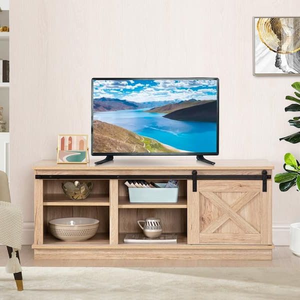 Maykoosh Natural Farmhouse Tv Stand Fits Tvs Up To 50 In. With Sliding Barn  Door And Storage Shelves 53887mk – The Home Depot Pertaining To Most Up To Date Farmhouse Stands With Shelves (Photo 6 of 10)