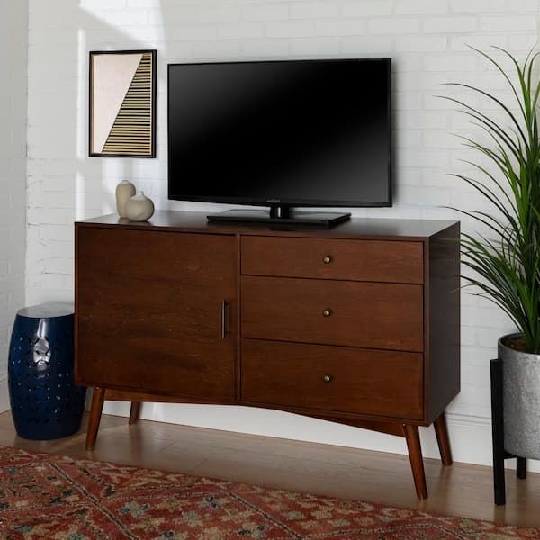 Mid Century Entertainment Centers Pertaining To Best And Newest Walker Edison Furniture Company 55 In. Walnut Mdf Tv Stand With 3 Drawer  Fits Tvs Up To 55 In. With Doors Hdh52cmwt – The Home Depot (Photo 8 of 10)