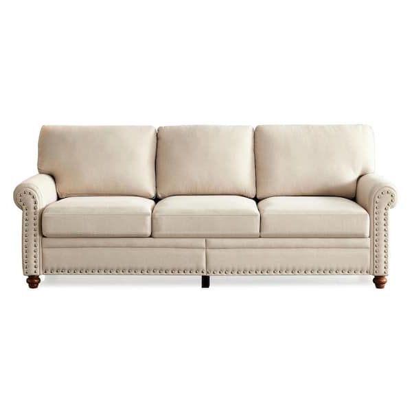 Modern 82.68 In W Round Arm Linen Upholstery Polyester Nailhead Trim  Straight 3 Seat Sofa With Storage In Beige Zy W1097s00055 – The Home Depot Throughout Favorite Sofas With Nailhead Trim (Photo 4 of 10)
