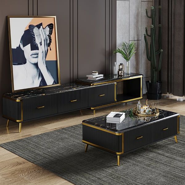 Modern Black Tv Stand Faux Marble Top Luxury Extendable Media Console With  3 Drawers (Photo 5 of 10)