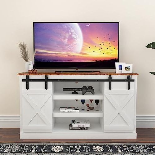 Modern Farmhouse Barn Tv Stands Within Most Current Amazon: Wersmt Modern Farmhouse Sliding Barn Door Tv Stand For Tvs Up  To 60 Inches Tv, Wood Rustic Style Big Storage Cabinet Entertainment Certer  Media Console, Warm White : Home & Kitchen (View 5 of 10)