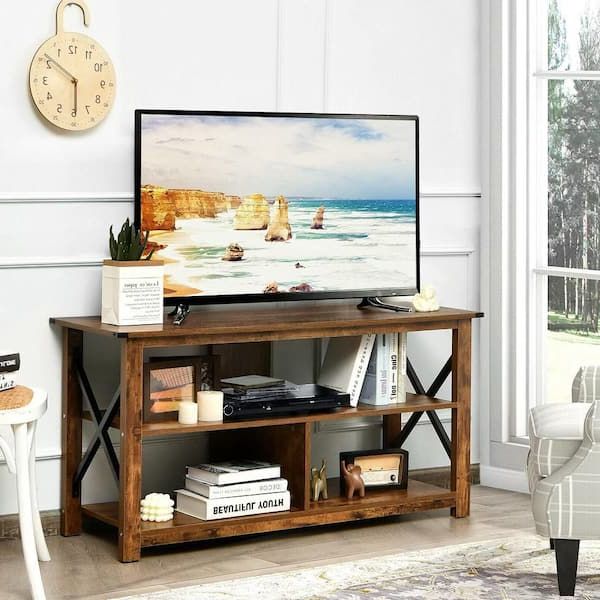 Modern Farmhouse Rustic Tv Stands Regarding Well Known Gymax 47 In. W Rustic Brown Modern Farmhouse Tv Stand Entertainment Center  For Tv's Up To 55 In. With Open Shelves Gym08431 – The Home Depot (Photo 6 of 10)