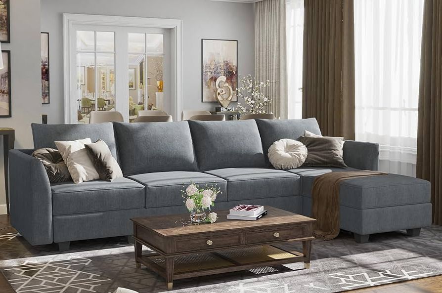 Modern L Shaped Sofa Sectionals For Most Up To Date Amazon: Honbay Sectional Couch With Reversible Chaise Modern L Shape  Sofa 4 Seat Corner Couch Modular Sofa With Ottoman, Bluish Grey : Home &  Kitchen (View 8 of 10)