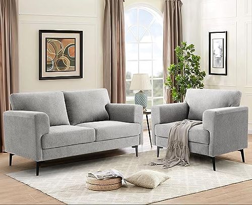 Modern Light Grey Loveseat Sofas With Regard To Well Liked Amazon: Cdcasa 60.6”w Loveseat Sofa And 1 Oversized Accent Chairs Set,  Linen Fabric Modern Upholstered 2 Seater Small Couch For Bedroom,study  Room, Small Space, Studio Apartment, Light Grey : Home & Kitchen (Photo 5 of 10)