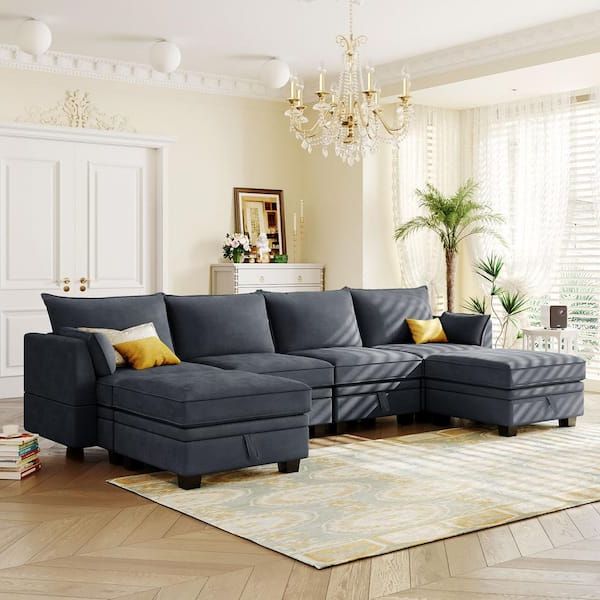Modern U Shape Sectional Sofas In Gray Regarding Popular Harper & Bright Designs 115 In. W Flared Arm 6 Piece Linen U Shape Modern  Sectional Sofa In Dark Gray With Storage Wyt109aad – The Home Depot (Photo 8 of 10)