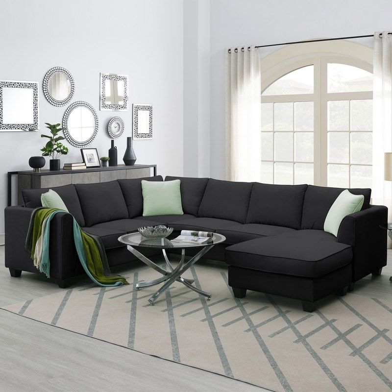 Modern Upholstered Living Room Sectional Sofa, L Shape Furniture Couch With  3 Pillows, Black – On Sale – Bed Bath & Beyond – 38216252 Within Popular 3 Seat L Shaped Sofas In Black (View 8 of 10)