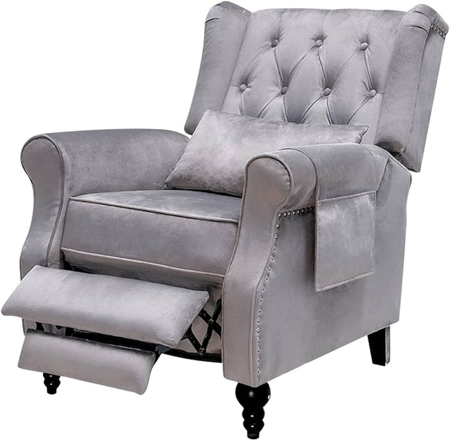 Modern Velvet Upholstered Recliner Chairs Regarding Favorite Amazon: Velvet Recliner Chair, Tufted Wingback Recliner Chair Mid  Century Modern Push Back Recliner With Pillow And Storage Pocket For Living  Room/bedroom/home Theater/reception Area (gray) : Home & Kitchen (View 3 of 10)