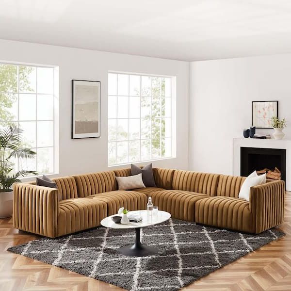 Modway Conjure 109.5 In. W 5 Piece Channel Right Facing Tufted Performance  Velvet Sectional Sofa In Black Cognac Brown Eei 5772 Blk Cog – The Home  Depot With Most Up To Date Right Facing Black Sofas (Photo 10 of 10)