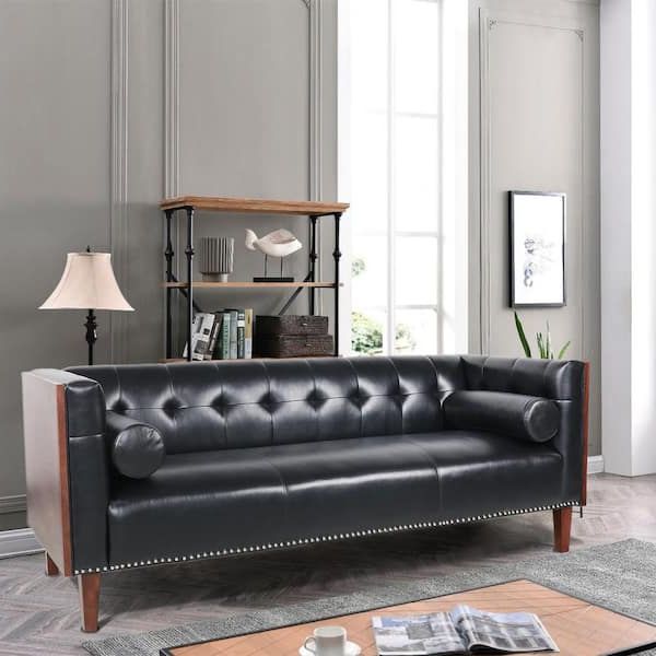 Most Current 77.5 In. W Square Arm Leather Traditional Straight 3 Seater Sofa In Black  Z W68042993 – The Home Depot Regarding Traditional 3 Seater Sofas (Photo 9 of 10)