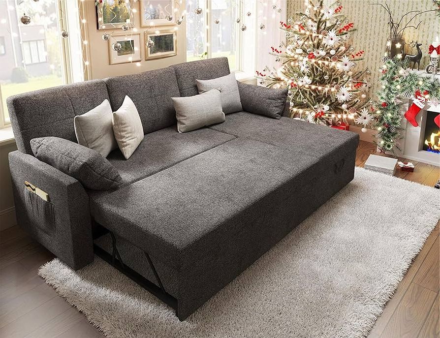 Most Current Amazon: Vanacc Sleeper Sofa  2 In 1 Pull Out Bed With Storage Chaise  For Living Room, Grey Chenille Couch : Home & Kitchen For 2 In 1 Gray Pull Out Sofa Beds (View 4 of 10)