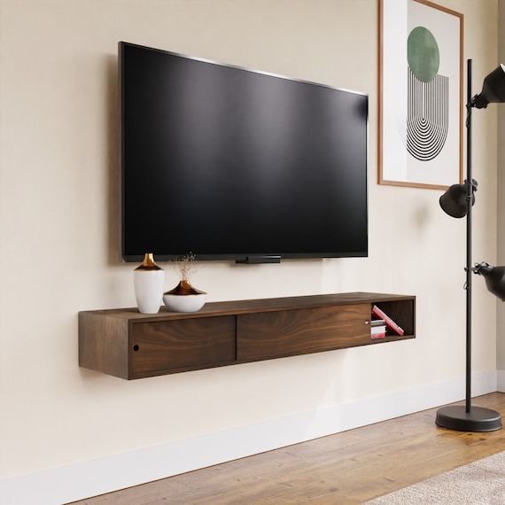 Most Current Walnut Floating Tv Stand Media Console With Sliding Doors, Tv Stand – Etsy In Walnut Entertainment Centers (Photo 9 of 10)