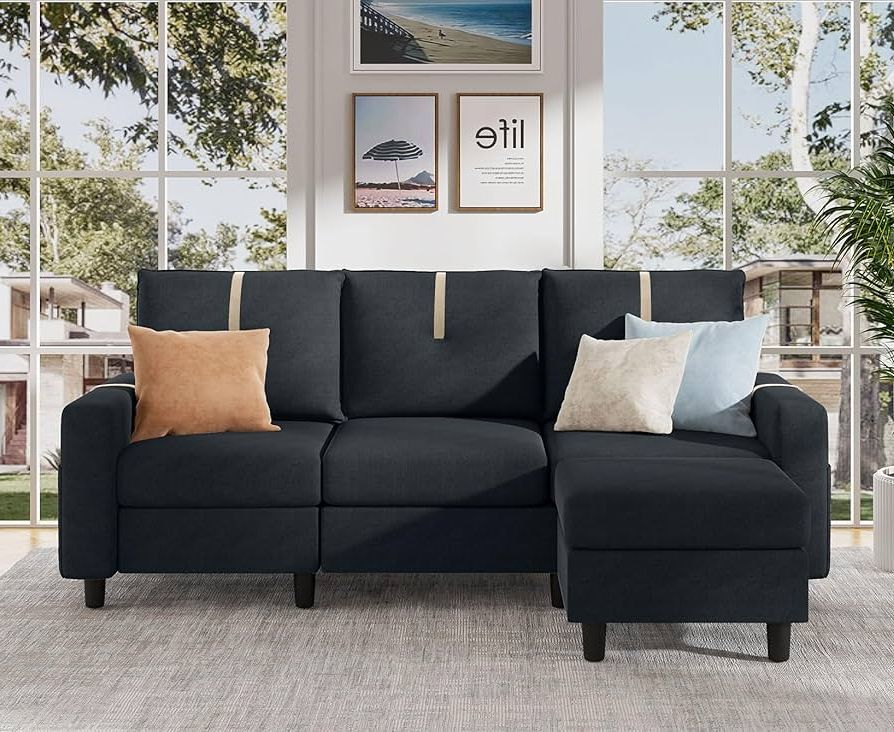Most Popular 3 Seat L Shaped Sofas In Black Regarding Amazon: Pingliang Home 80" Sectional Sofas For Living Room, 3 Seat L  Shaped Couch With Reversible Ottoman, Modern Linen Fabric Small Sectional  Couch For Apartment Small Space, Dark Grey : Home & (View 2 of 10)
