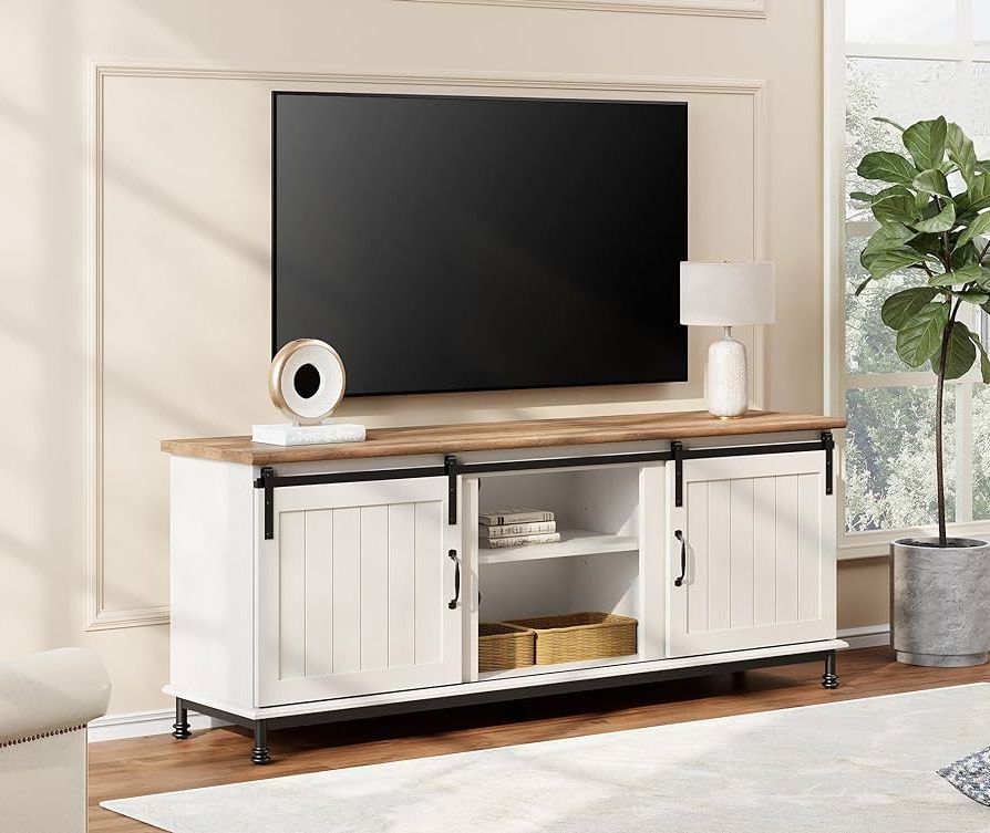 Most Popular Amazon: Wampat 70'' Farmhouse Tv Stand For 75 Inch Tv, White Entertainment  Center With Sliding Barn Door,media Console Table With Storage Cabinet For  Living Room, Bedroom : Home & Kitchen Throughout Farmhouse Media Entertainment Centers (Photo 2 of 10)