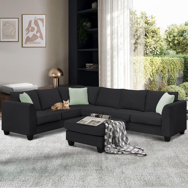 Most Popular Sofas In Black With Regard To Harper & Bright Designs 112 In W Flared Arm Fabric L Shaped Sofa Corner  Couch Set In Black With Reversible Ottoman And 3 Pillows Gtt004aab – The  Home Depot (Photo 9 of 10)
