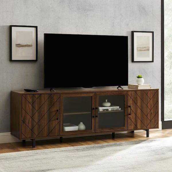 Most Popular Walnut Entertainment Centers Regarding Welwick Designs 70 In. Dark Walnut Wood And Glass Modern Herringbone Tv  Stand With 4 Drawers (max Tv Size 80 In.) Hd8891 – The Home Depot (Photo 2 of 10)