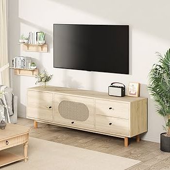 Most Recent Amazon: Lamerge Boho Tv Stand With Rattan Door, Modern Entertainment  Center For 70 Inch Tv, Media Console Table With Cabinet Storage And 2  Drawers, Farmhouse Tv Cabinet For Living Room, Bedroom, Oak : In Oaklee Tv Stands (View 10 of 10)