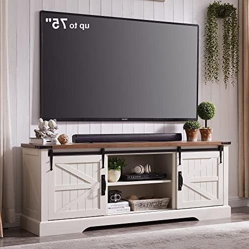 Most Recent Barn Door Media Tv Stands In Amazon: Okd Farmhouse Tv Stand For 75 Inch Tv With Sliding Barn Door,  Rustic Wood Entertainment Center Large Media Console Cabinet Long Television  Stands For 70 Inch Tvs, Antique White : Home (View 4 of 10)